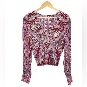 Free People Paisley V-Neck Long Sleeve, Y2K, Ruched Waist Crop Top Red Pink SZ S